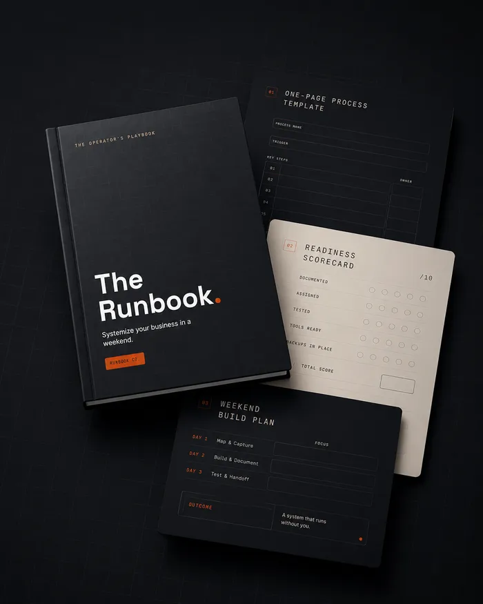 The Runbook kit laid out — the playbook, the one-page process template, the readiness scorecard, and the weekend build plan.